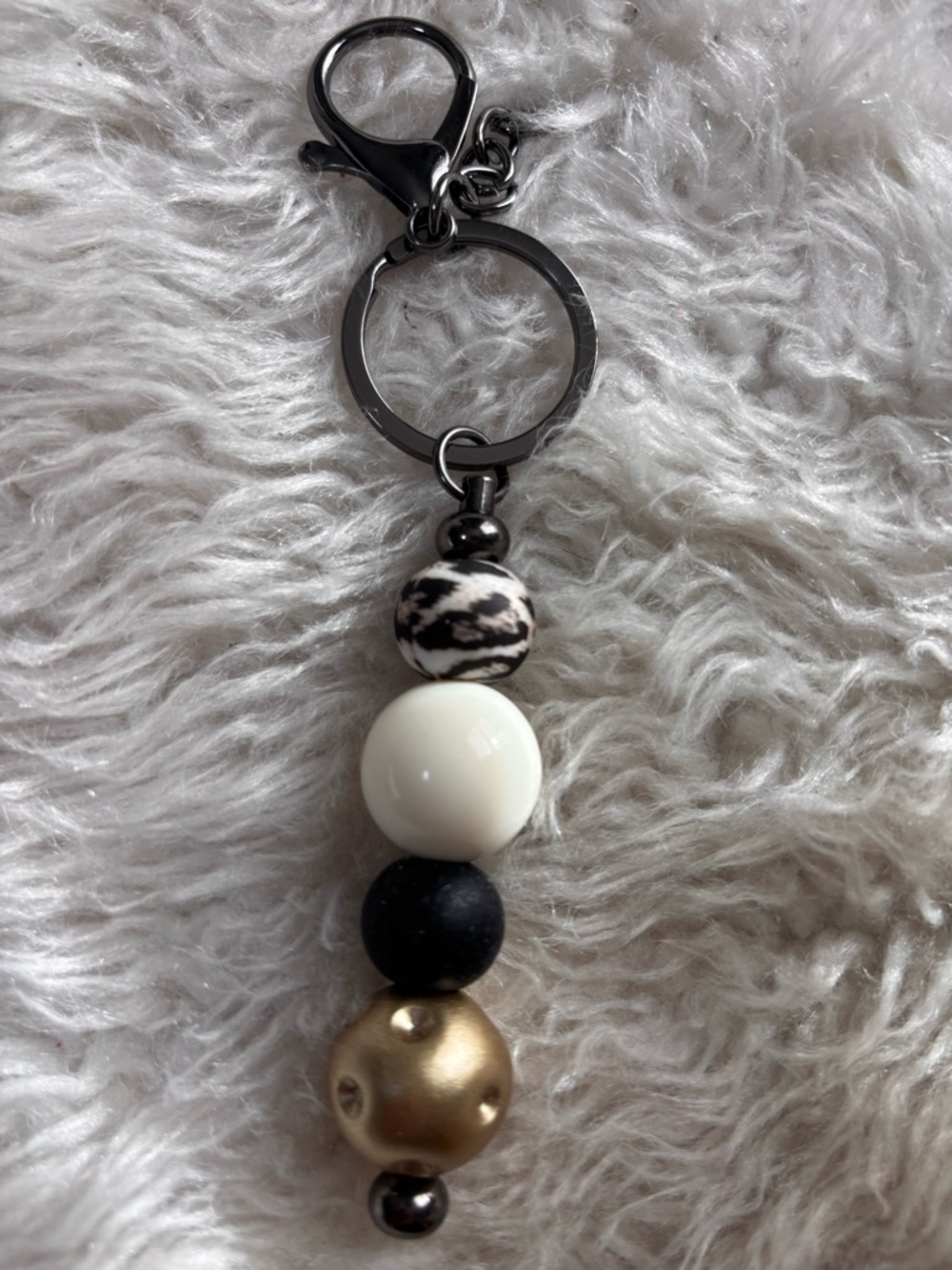 Beaded Keychain with Black, White & Gold Accents
